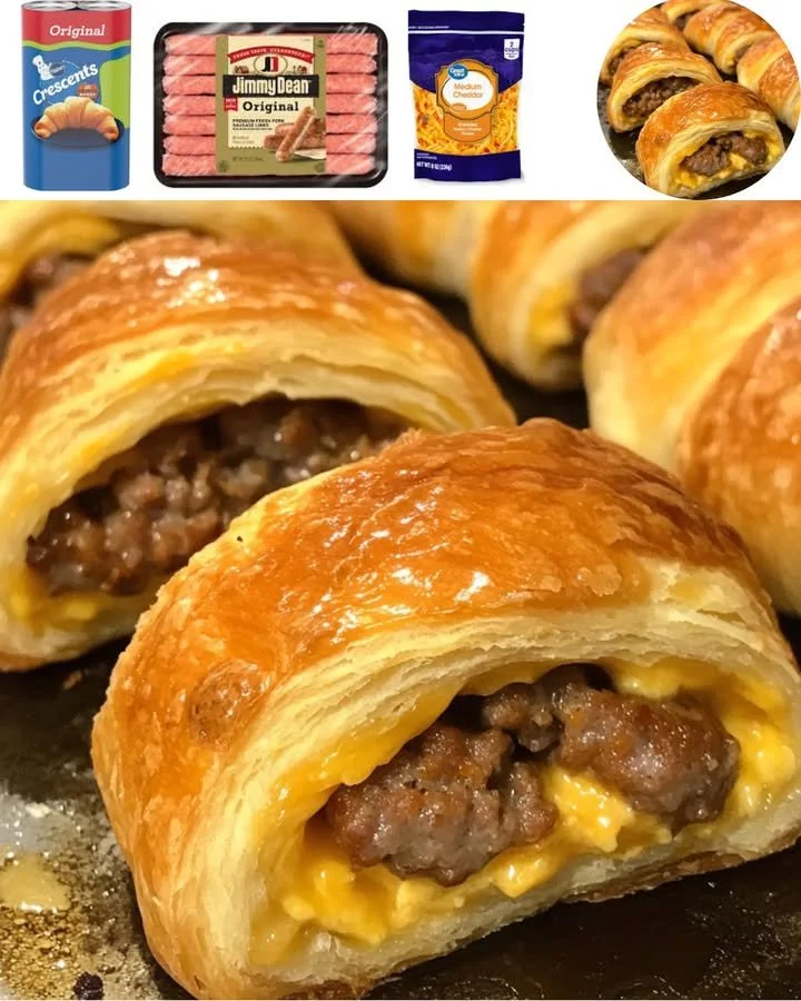 Breakfast sausage crescent rolls on a plate, golden brown and flaky.
