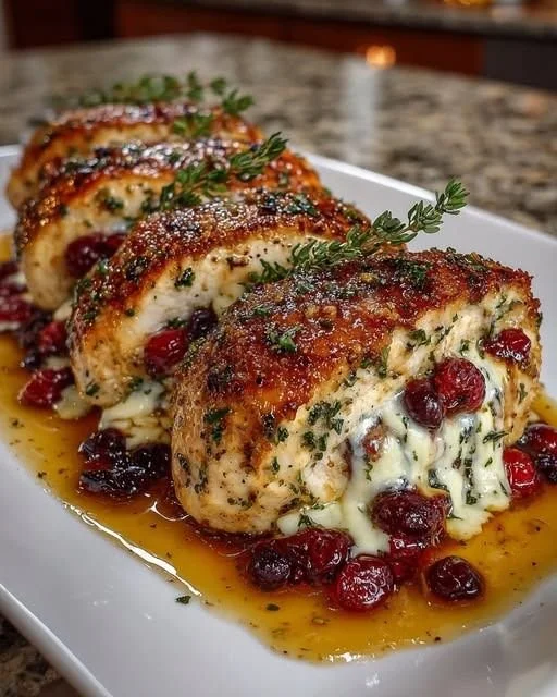 Brie and cranberry stuffed chicken drizzled with lemon honey sauce