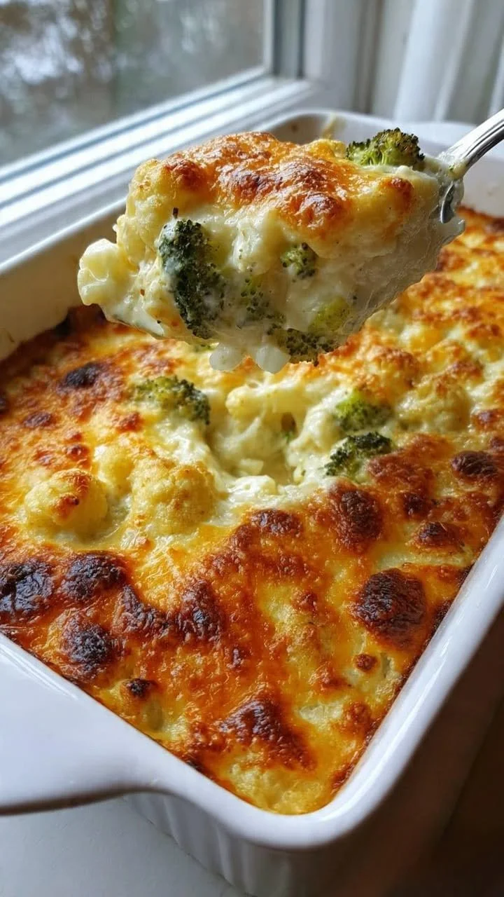 Broccoli and Cauliflower Cottage Cheese Bake served in a dish