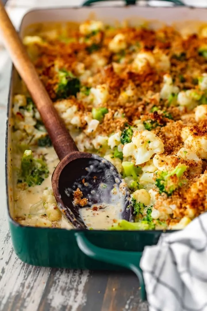Delicious broccoli and cauliflower gratin topped with melted cheese
