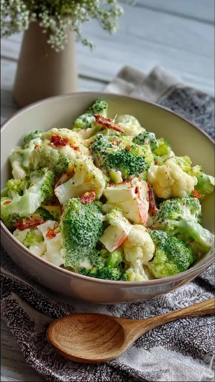 Fresh broccoli and cauliflower salad in a bowl