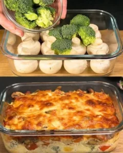Delicious Broccoli Mushroom Casserole served in a baking dish