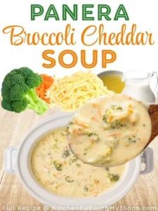 Creamy broccoli cheddar soup in a bowl, inspired by Panera's recipe.