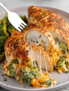 Juicy Broccoli Cheese Stuffed Chicken breast garnished with herbs and served on a plate.