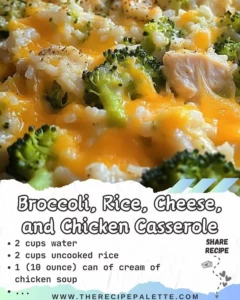 Delicious chicken casserole with broccoli, rice, and cheese topped with herbs