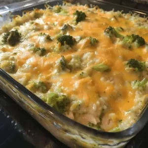 Delicious broccoli cheese casserole with rice and chicken ready to serve.