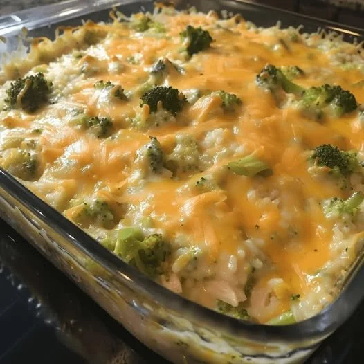 Delicious broccoli cheese casserole with rice and chicken ready to serve.