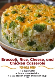 Delicious chicken casserole with broccoli, rice, and cheese served in a dish.