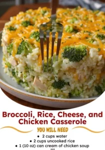 Delicious broccoli cheese casserole featuring rice and chicken.