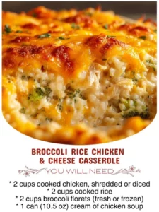 Broccoli Rice Chicken & Cheese Casserole served in a baking dish