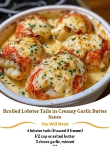 Broiled lobster tails served with creamy garlic butter sauce on a plate
