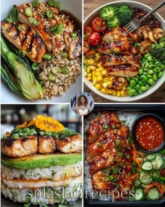 Bowl of brown rice topped with juicy teriyaki chicken and green vegetables