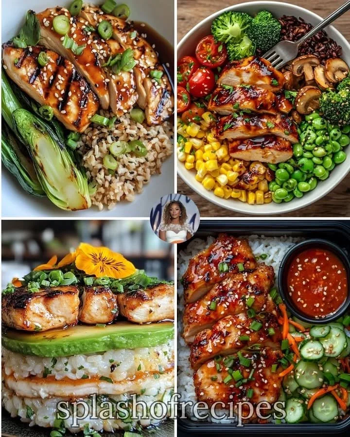 Bowl of brown rice topped with juicy teriyaki chicken and green vegetables
