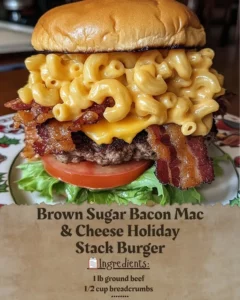 Brown Sugar Bacon Mac & Cheese Holiday Stack Burger topped with crispy bacon