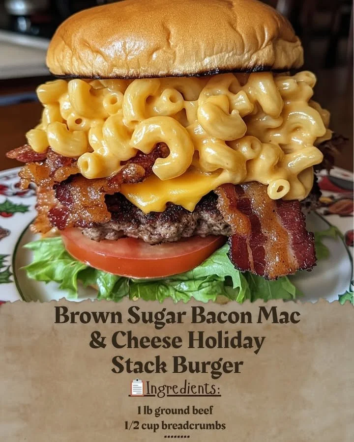 Brown Sugar Bacon Mac & Cheese Holiday Stack Burger topped with crispy bacon
