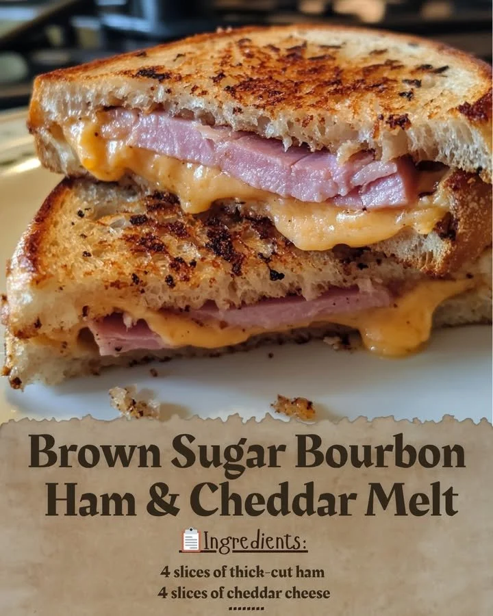 Brown Sugar Bourbon Ham & Cheddar Melt sandwich with melted cheese and ham