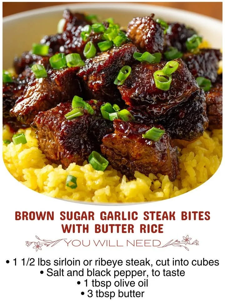 Brown Sugar Garlic Steak Bites served with Butter Rice
