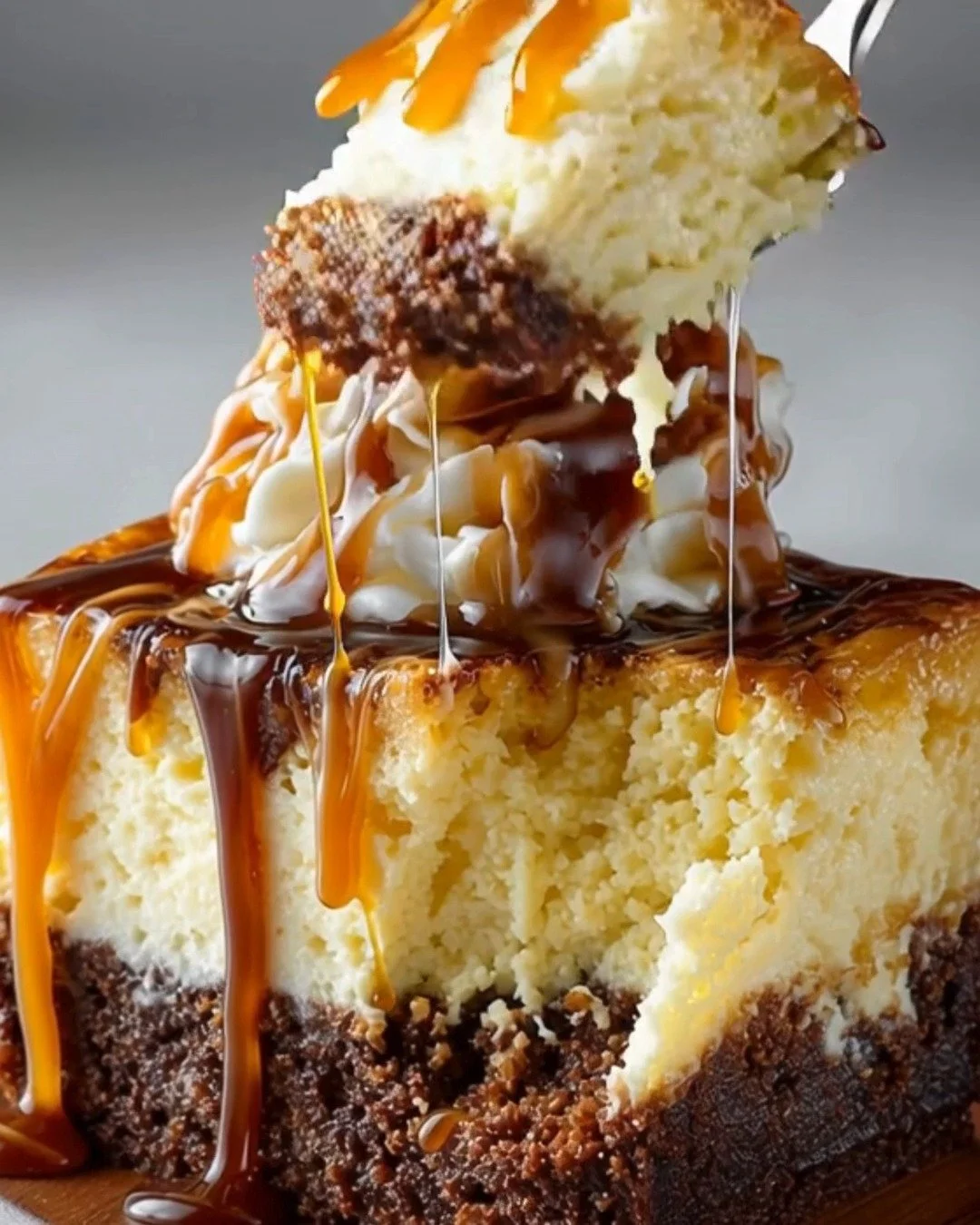 Decadent Brownie Caramel Cheesecake Swirl dessert with chocolate and caramel layers