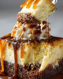 Decadent Brownie Cheesecake Swirl with caramel topping and chocolate garnishes