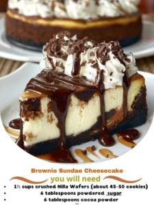 Decadent brownie sundae cheesecake with layers of brownie, cheesecake, and sundae toppings