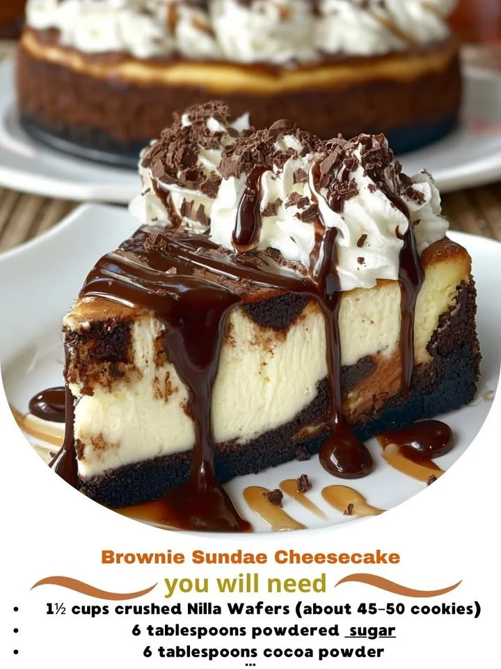 Decadent brownie sundae cheesecake with layers of brownie, cheesecake, and sundae toppings