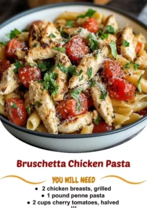 Delicious Bruschetta Chicken Pasta topped with fresh tomatoes and herbs