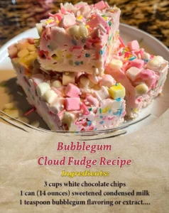 Delicious Bubblegum Cloud Fudge with colorful swirls and candy toppings