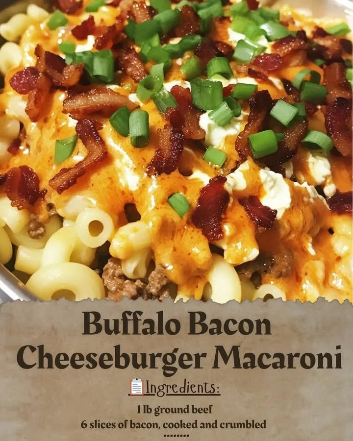 Buffalo Bacon Cheeseburger Macaroni served in a bowl with toppings