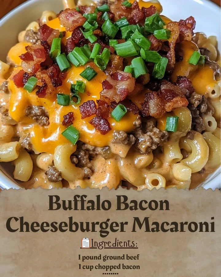 Buffalo Bacon Cheeseburger Macaroni with creamy sauce and crispy bacon pieces