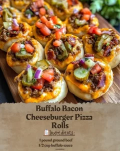 Buffalo Bacon Cheeseburger Pizza Rolls with melted cheese and crispy bacon