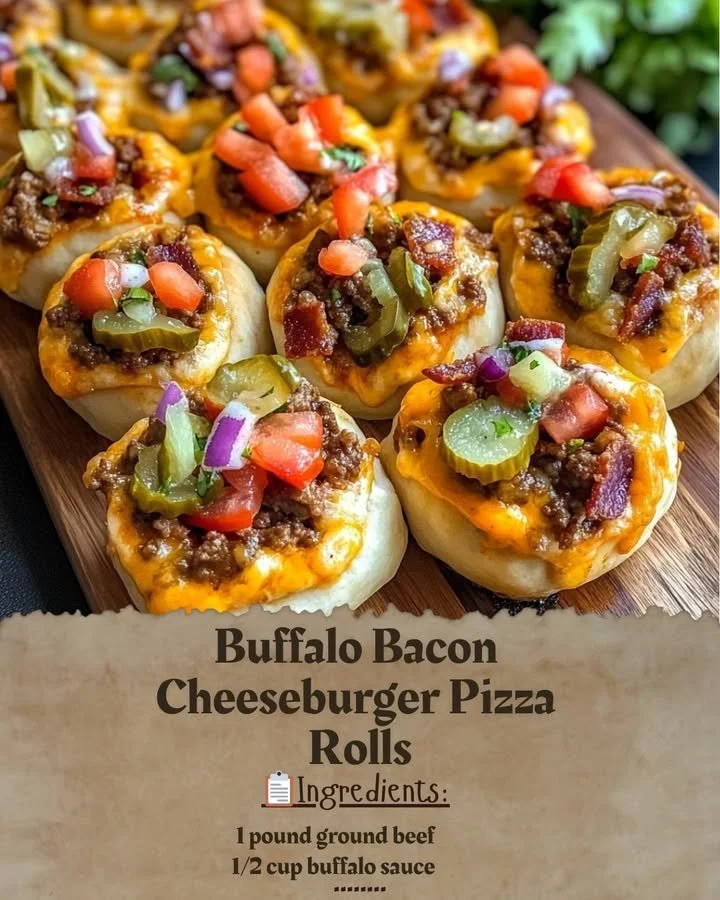 Buffalo Bacon Cheeseburger Pizza Rolls with melted cheese and crispy bacon
