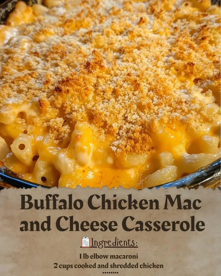 Buffalo Chicken Mac and Cheese Casserole topped with cheese and crispy breadcrumbs