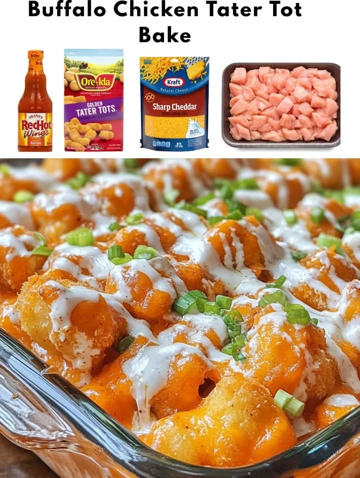 Buffalo Chicken Tater Tot Bake dish with melted cheese and crispy tater tots