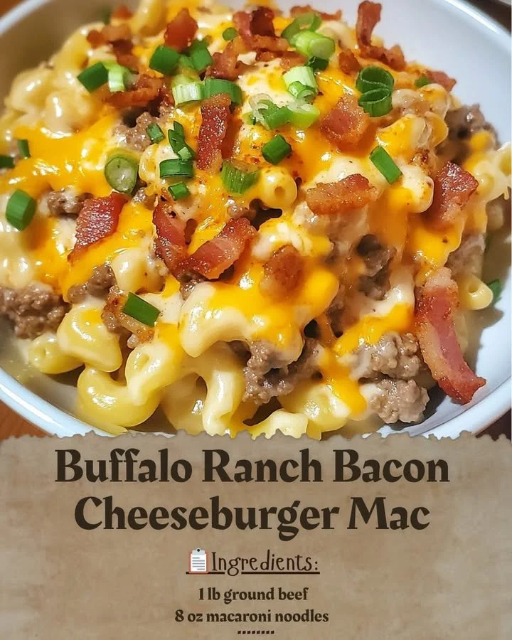 Buffalo Ranch Bacon Cheeseburger Mac with creamy sauce and crispy bacon