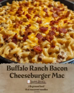 Delicious Buffalo Ranch Bacon Cheeseburger Mac topped with crispy bacon