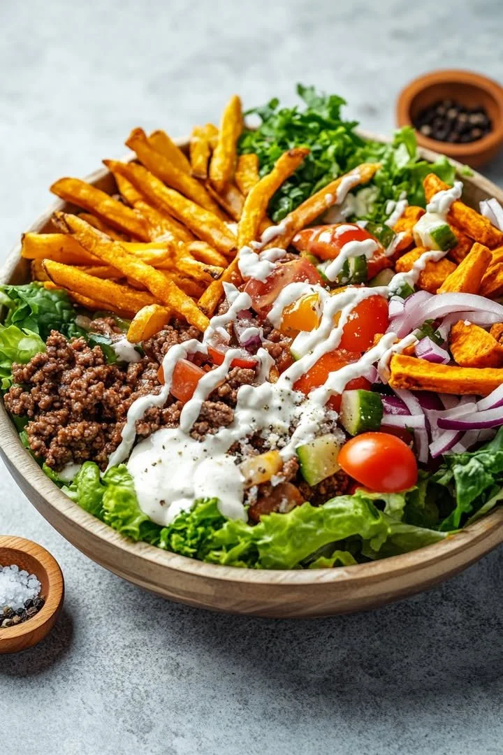 A colorful and healthy Burger Bowl with fresh ingredients and toppings