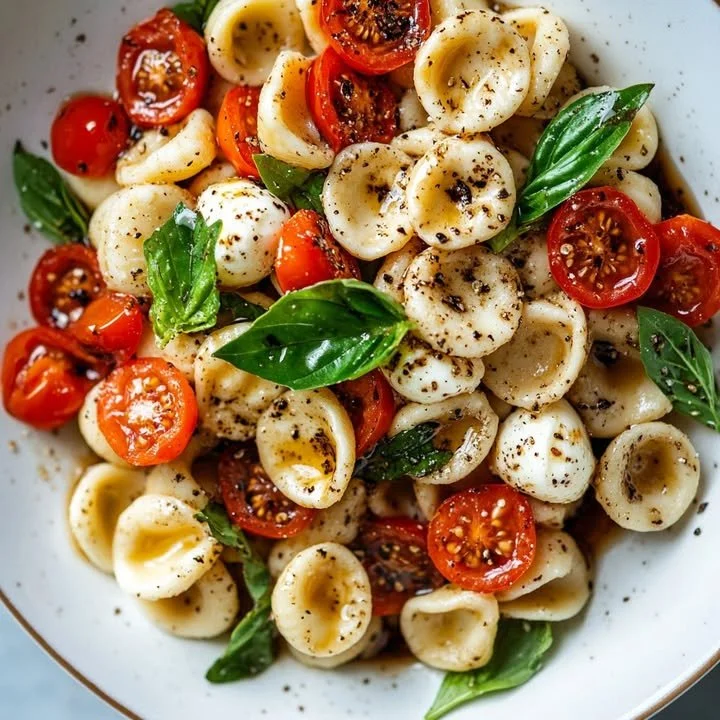 Delicious Burrata & Basil Snail Pasta Salad served in a bowl