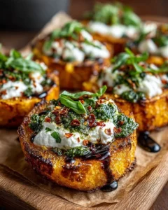 Burrata stuffed butternut squash with pesto and balsamic glaze