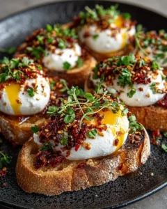 Burrata cheese served with chili crunch and roasted garlic on sourdough crostini