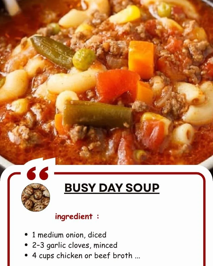 A bowl of hearty Busy Day Soup ready for a busy lifestyle.