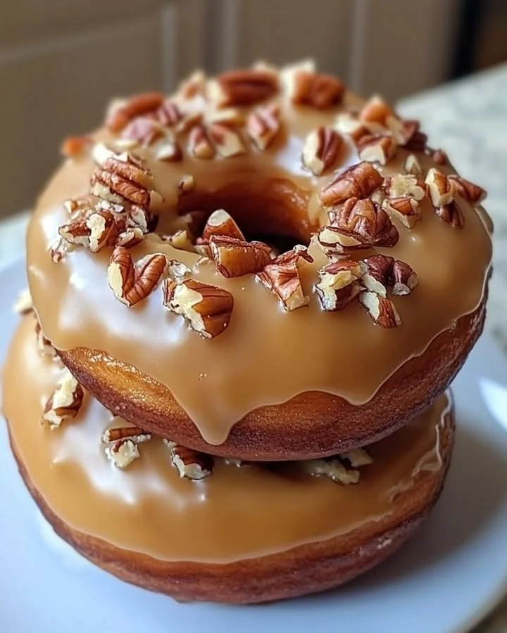 Delicious freshly made butter pecan donuts topped with frosting and pecans