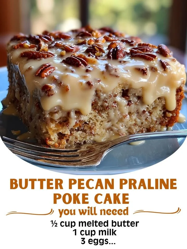 Delicious Butter Pecan Praline Poke Cake topped with pecans and caramel drizzle.