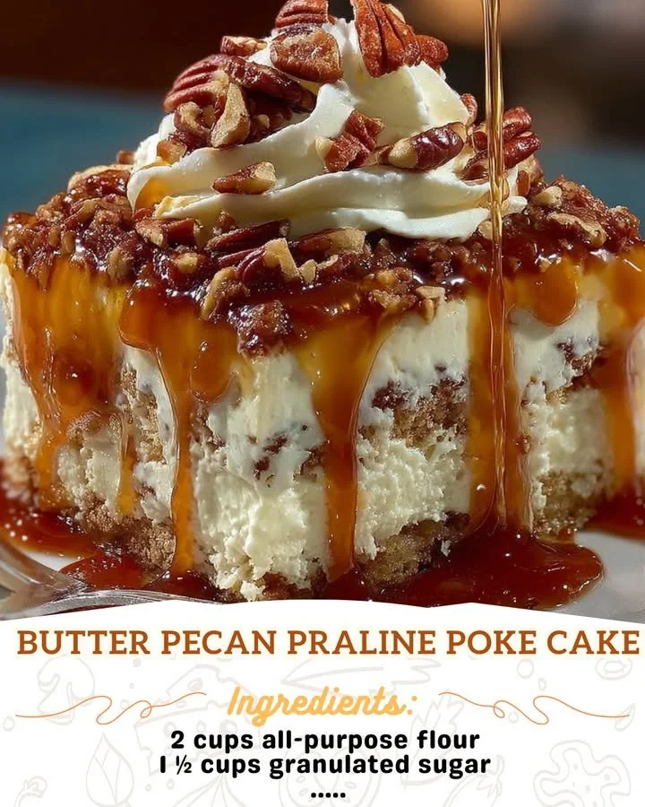Delicious Butter Pecan Praline Poke Cake topped with pecans and caramel sauce