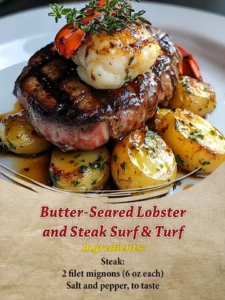 Butter-seared lobster and steak surf and turf dish served on a plate.