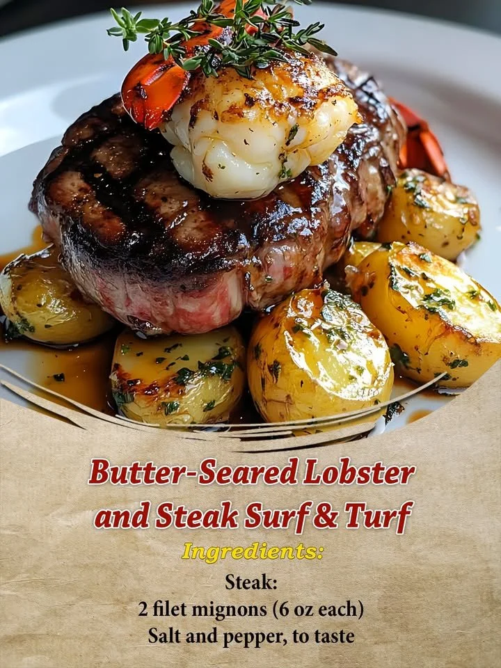 Butter-seared lobster and steak surf and turf dish served on a plate.