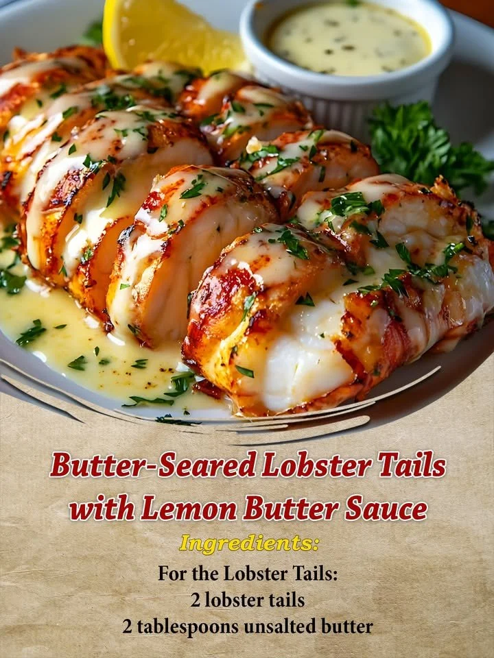 Butter-seared lobster tails with lemon butter sauce on a gourmet plate