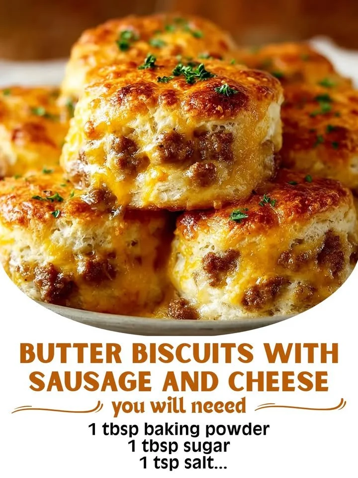 Freshly baked Butter Swim Biscuits with sausage and cheese served on a plate