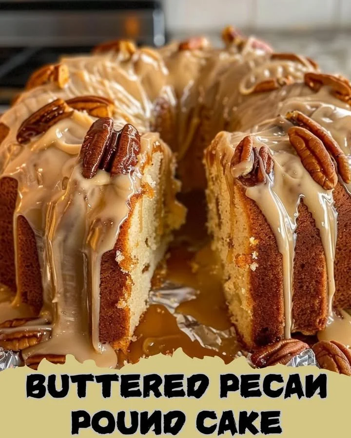Buttered pecan pound cake with vanilla and caramel glaze topped with pecans