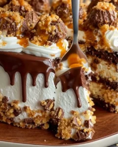 Delicious Butterfinger Bomb Cake topped with crushed Butterfinger candy