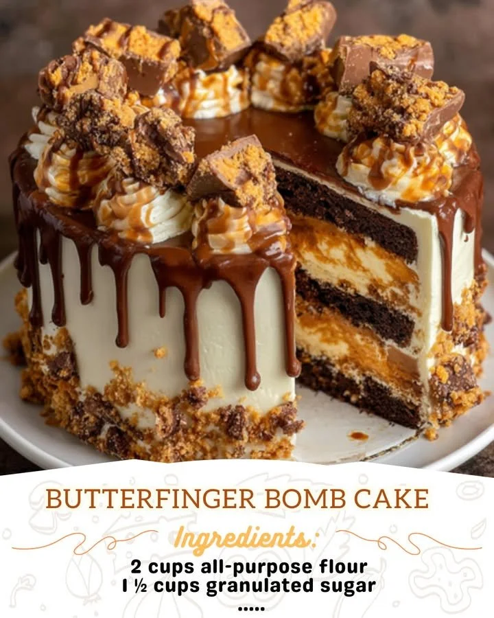 Delicious Butterfinger Bomb Cake topped with chocolate and crushed Butterfinger candy